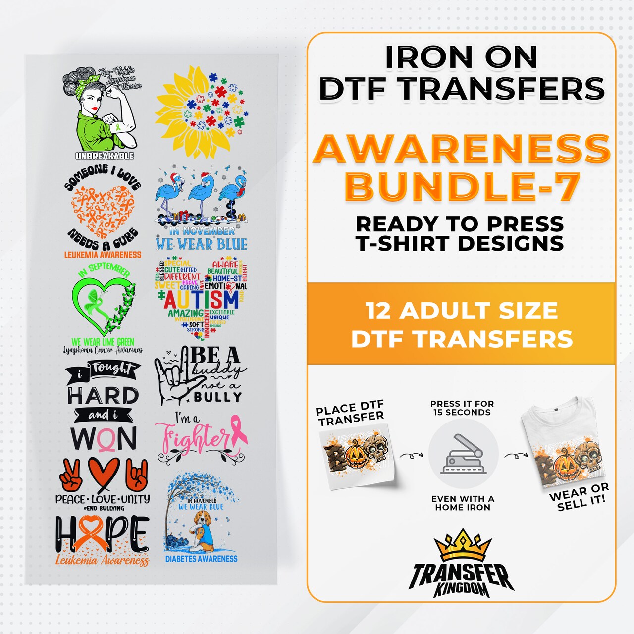 Iron on DTF Transfer Awareness Month Bundle 7 - 12 Best Seller T-shirt Designs Ready To Press